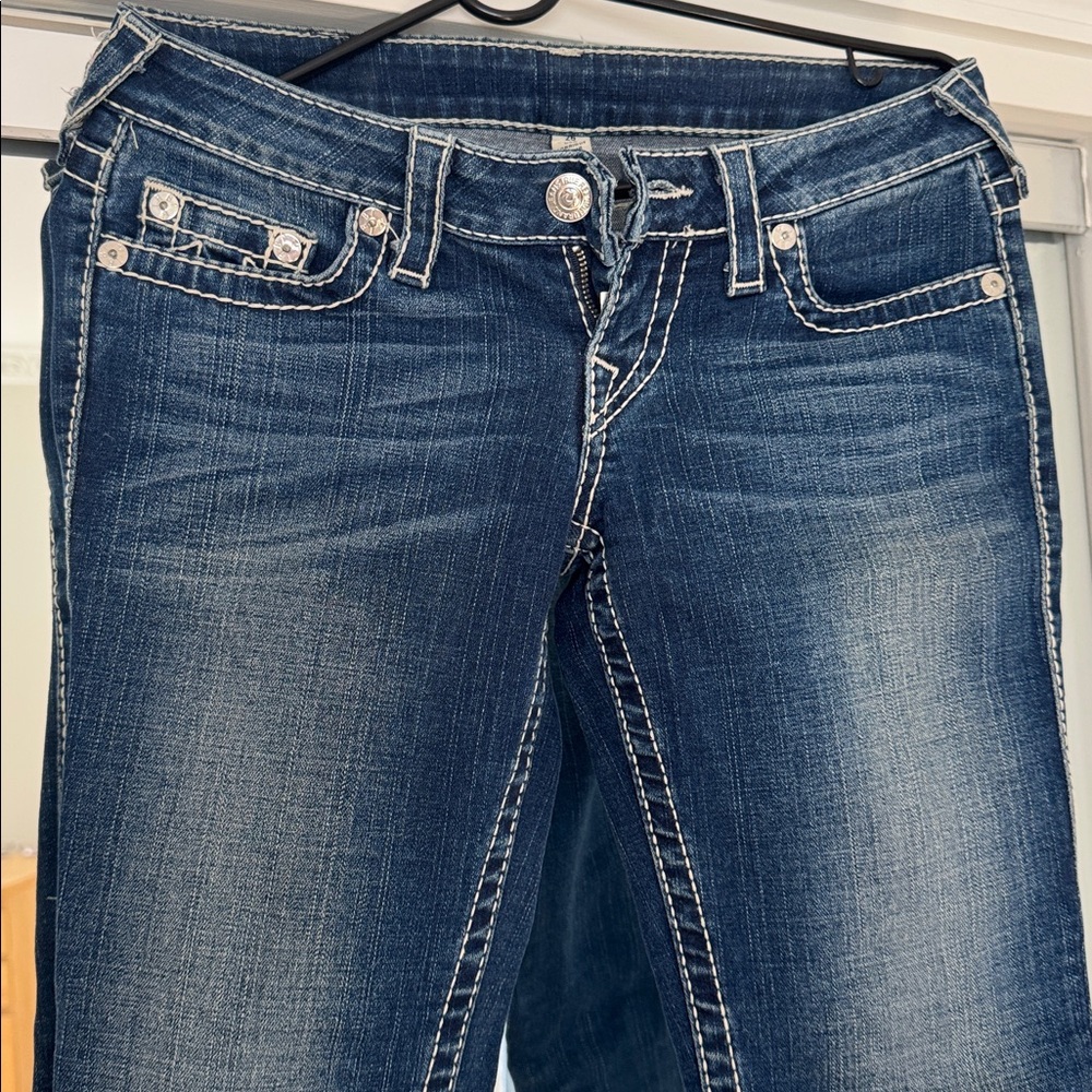 True Religion Skinny Blue Denim Jeans with White Stitching